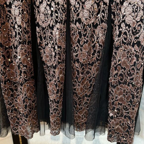 Candalite Petite Black Copper Lace Sequined Romantic Goth Maxi Dress PM - Picture 5 of 11